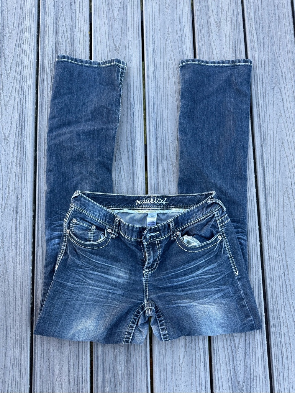 Maurices Women's Dark Blue Straight Jeans with Whiskered Fade